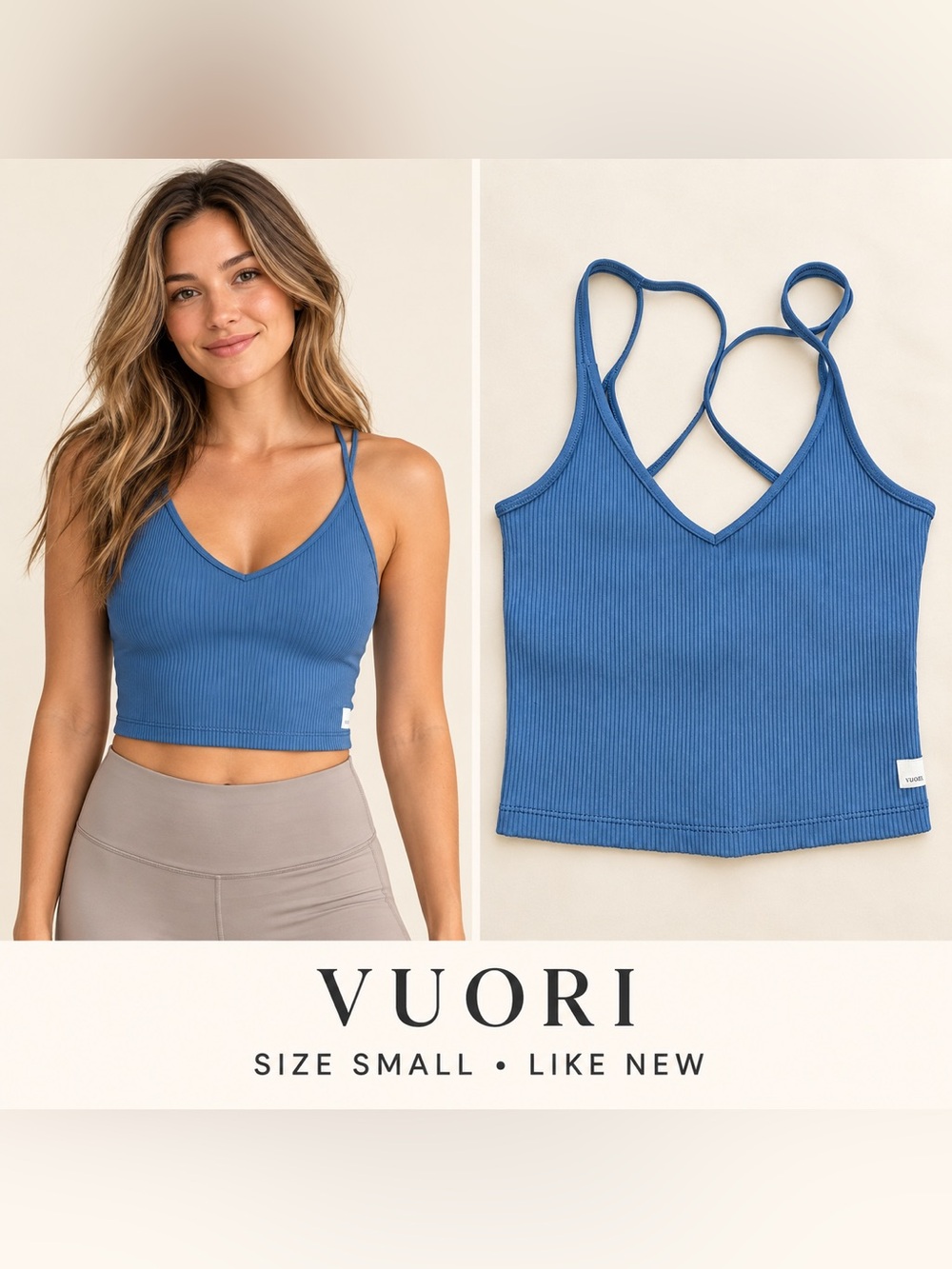 Vuori Blue Ribbed Double-Strap Crop Tank Size Small